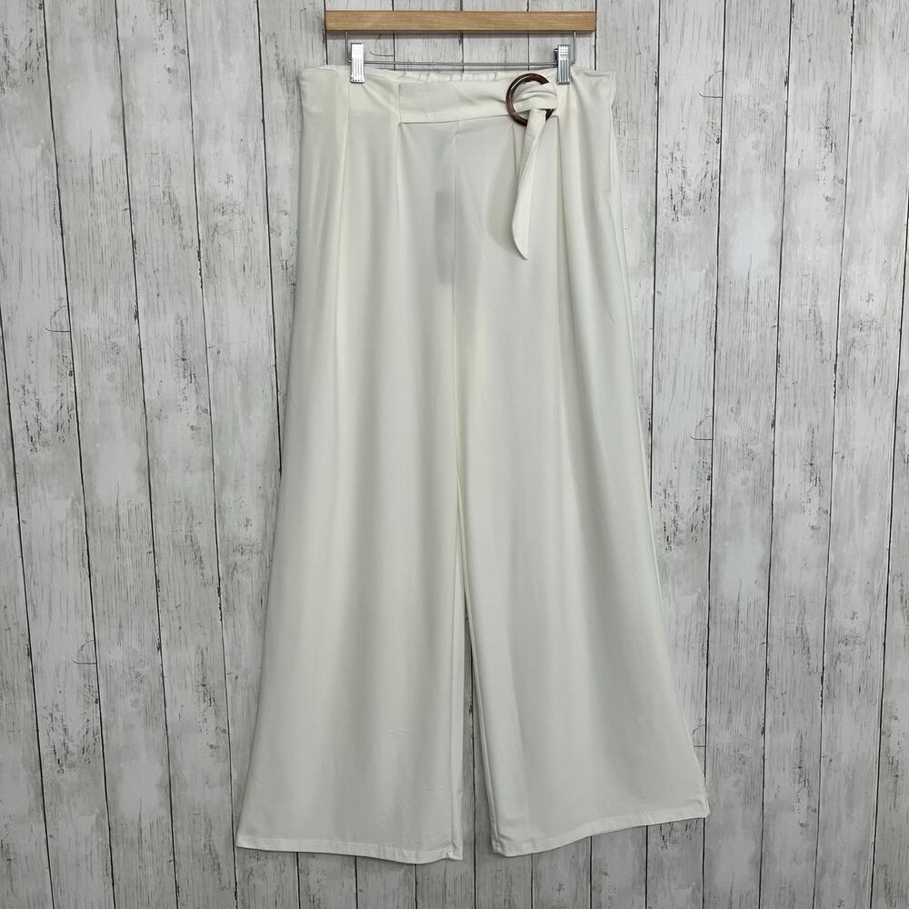 Lily by Firmiana White Belted Pants Plus Size 1X High Rise Stretch Flowy Summer